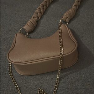 Tan Gold Chain Shoulder Bag with Braided Strap
